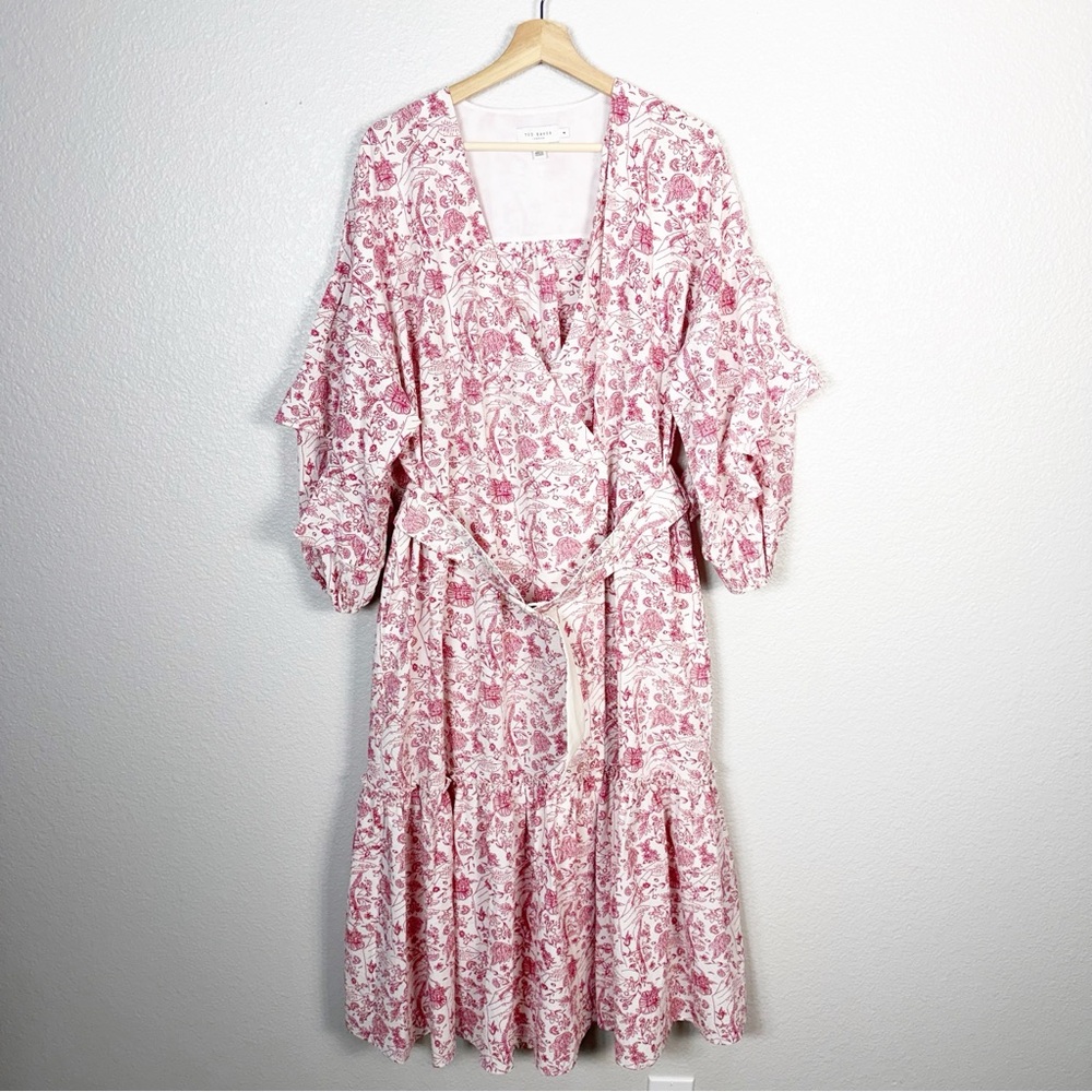 Ted Baker Womens Size 4 Daritaa Red Print V Neck Belted A-Line Midi Dress